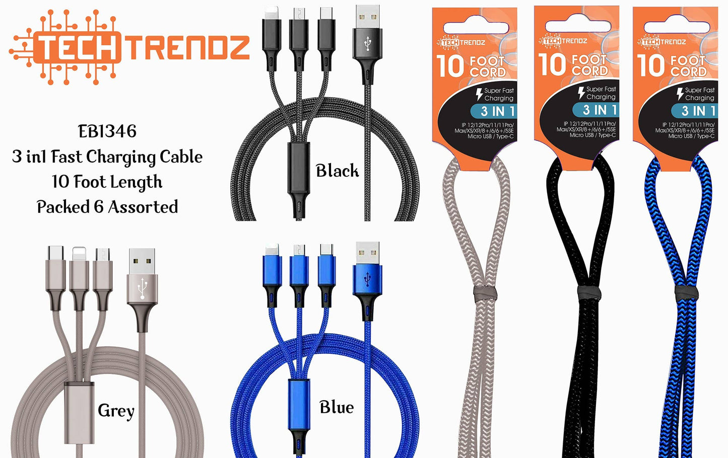 3in1 Fast Charging Cable - 10 ft