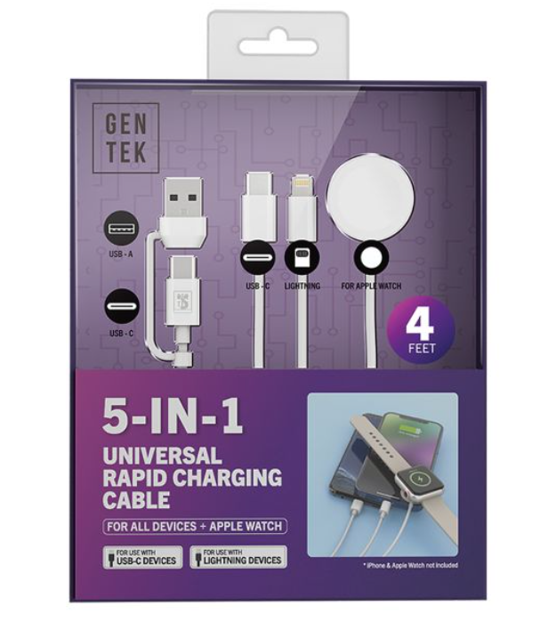 Gen Tek 5 in 1 Rapid Charging Cable 4ft