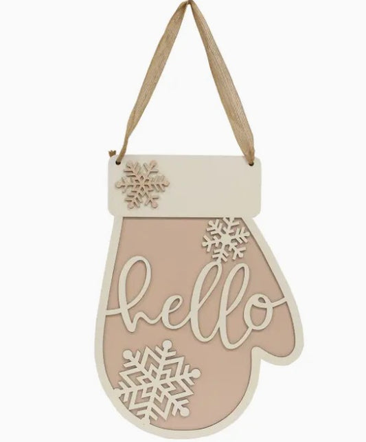 Glittered Hello & Snowflakes Mitten Sign