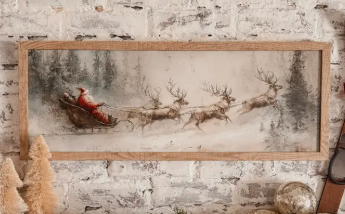 Santa Sleigh w/ Reindeer Vintage Wood Sign