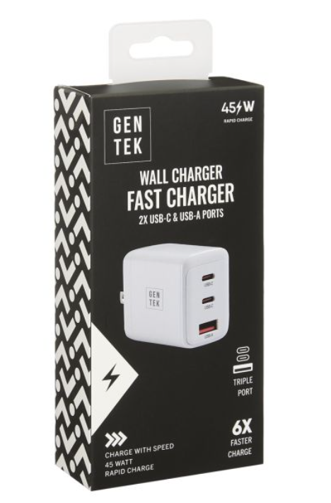 Gen Tek 45W Rapid Charge Triple Port Wall Charger