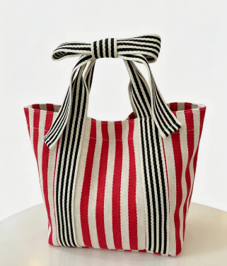 Striped Canvas Tote Bag Bow Handle